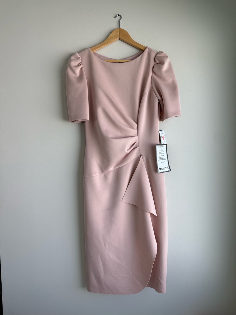 XSCAPE Ruched Midi Dress Size 10 Blush Pink Puff Sleeve NWT